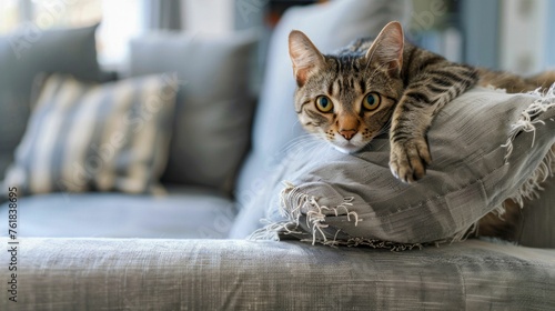 Tabby Cat Lounging on a Frayed Sofa. Generative ai