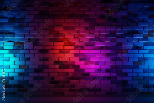 Unconventional Neon blue red brick wall structure. Concrete dark light room. Generate AI