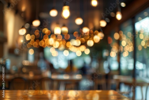 Blurred images of the coffee shop cafe interior background and lighting bokeh photo