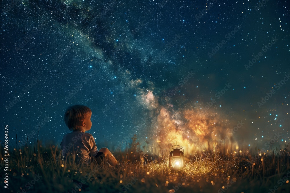 A young boy sitting on grass at night, looking up at a magnificent starry sky with a lantern beside him, creating a scene of wonder and exploration.
