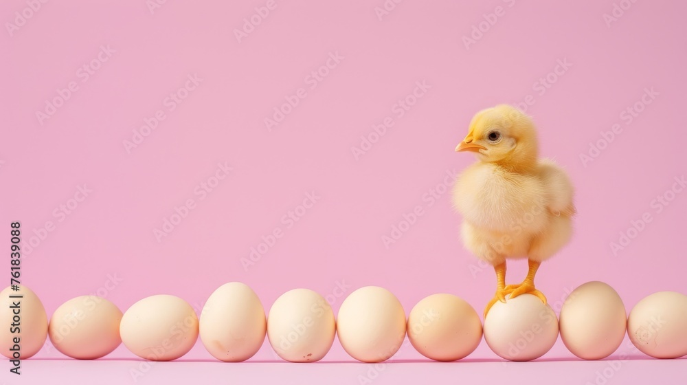 Cute chick standing with a line of eggs on pink. The charm of a farmyard chick among eggs. Easter chick standing out in a row of eggs. Cute chick standing with a line of eggs on pink. The charm of a farmyard chick among eggs. Easter chick standing out in a row of eggs.
