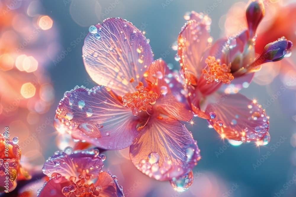 Dew-kissed flowers in vibrant macro photography. Exquisite flora with water droplets under bokeh light. Macro shot capturing the delicate beauty of dew on petals.