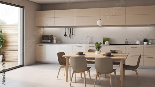 Elegant Modern Kitchen with Beige Tones and Wooden Dining Furniture