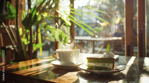 Sunlit café scene with a steaming cup of coffee and a piece of green matcha cake topped with cream and a mint leaf on a wooden table photo