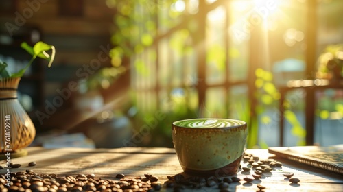 Ceramic cup with a green matcha latte art on a wooden table, surrounded by coffee beans, with sunlight filtering through foliage in the background