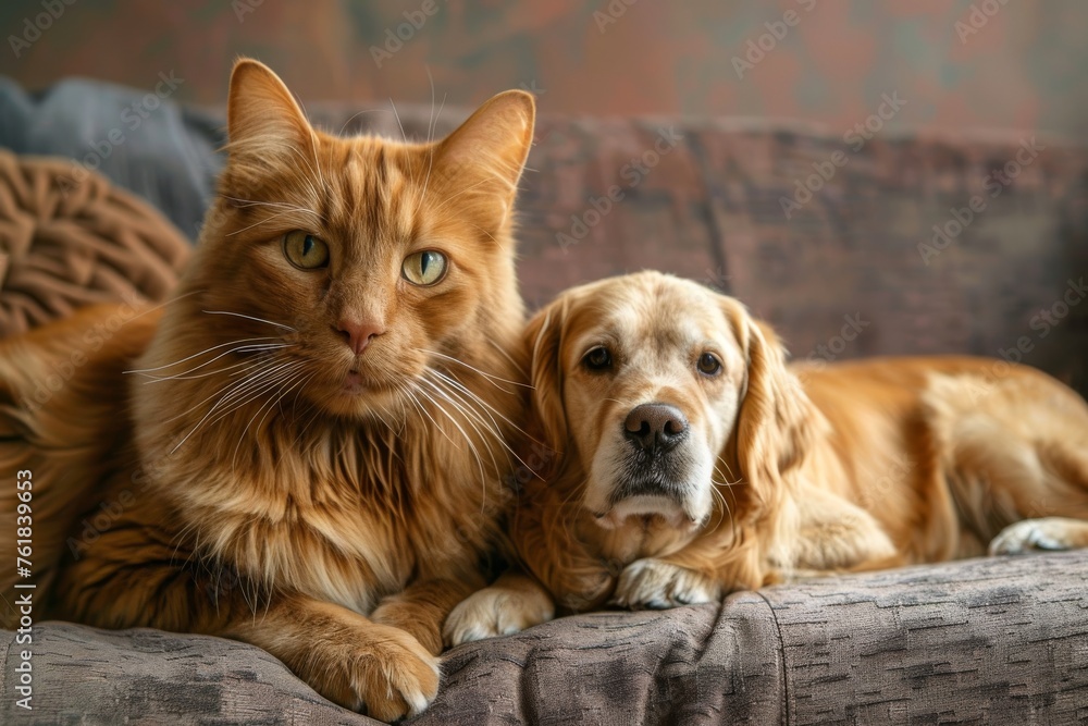 British short hair cat and golden retriever British short hair cat and golden retriever