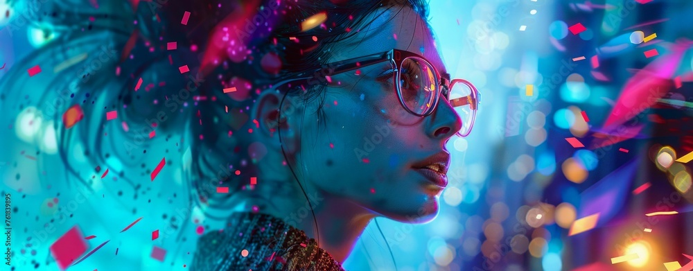 Futuristic Portrait of a Young Woman with Vivid Lights. Generative ai