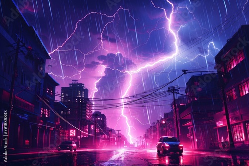 Electrifying Neon city thunder. Future night street. Generate Ai photo