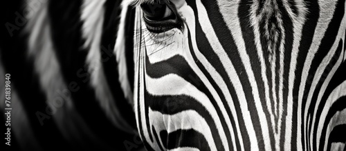 A close up of a zebras eye, neck, and snout featuring intricate blackandwhite striped pattern. The monochrome photography highlights the zebras liquid eyes and long eyelashes photo