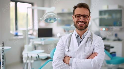 Smiling male middle-aged dentist over medical office background with copy space. Healthcare, profession, stomatology, and medicine concept photo