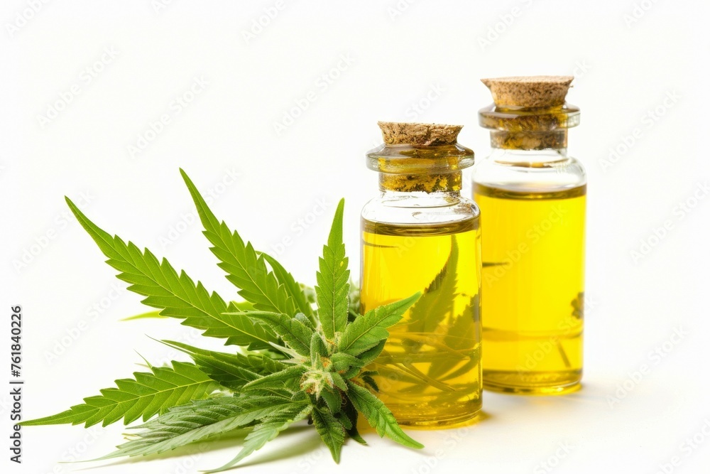 Two bottles of oil with a leaf of marijuana in between them Two bottles of oil with a leaf of marijuana in between them