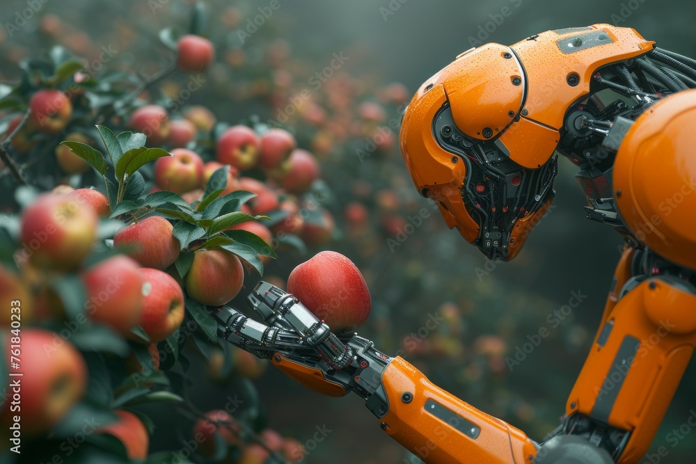 Modern farm with robots. Background with selective focus and copy space Modern farm with robots. Background with selective focus and copy space