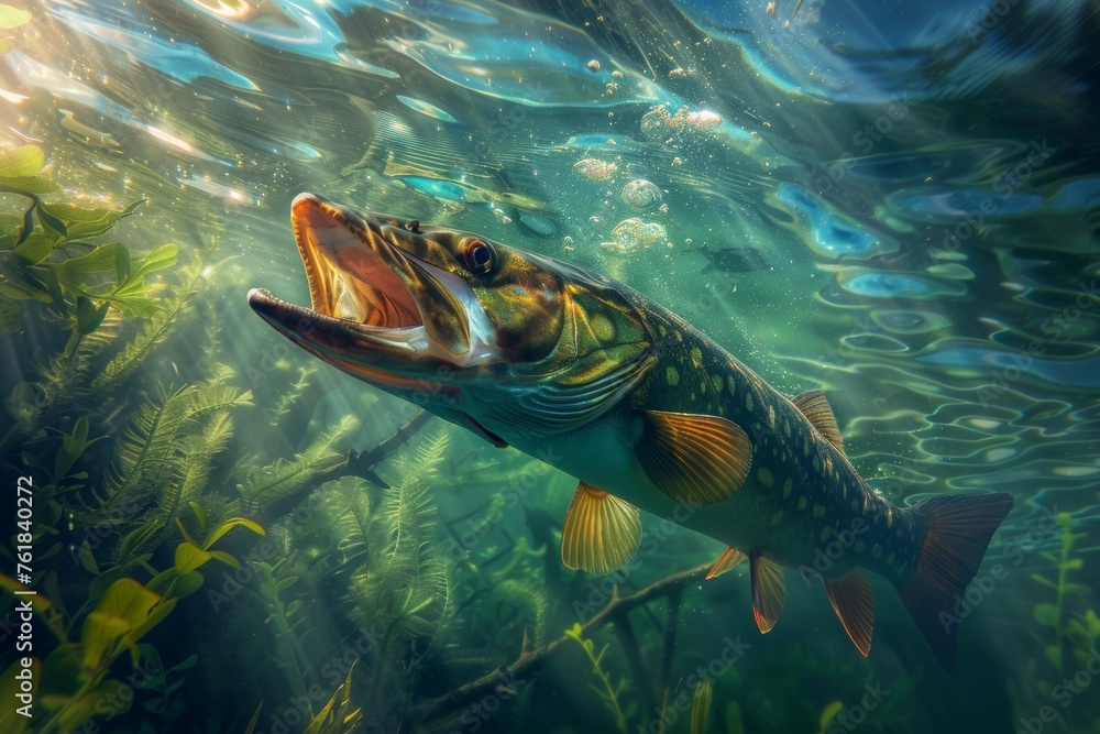 A fish is swimming in the water with its mouth open A fish is swimming in the water with its mouth open