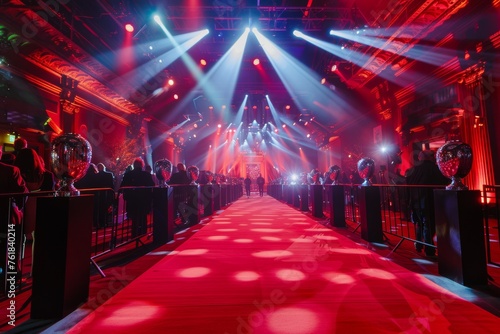 A red carpet with a crowd of people walking down it photo