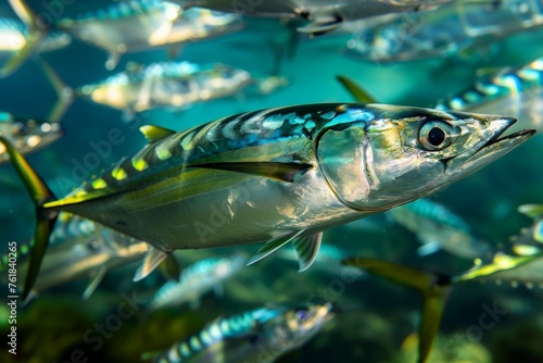 A school of fish swims in the ocean with a large fish in the middle