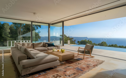 Luxury villa with terrace and floor to ceiling panoramic window with amazing sea view. Interior design of modern living room. Created with generative AI