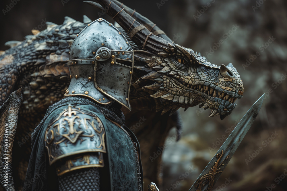 Obraz premium Medieval Knight in Armor with a Dragon on an Adventure and Ready for Battle