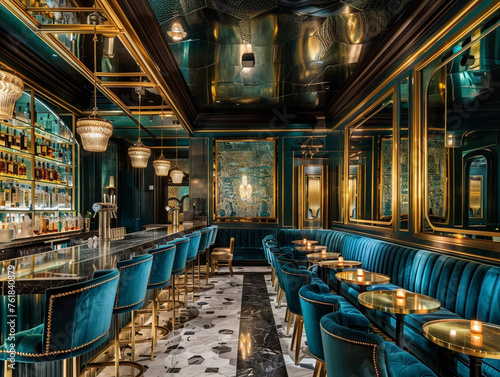 A luxurious bar with velvet seating and elegant décor, inspired by art deco design.