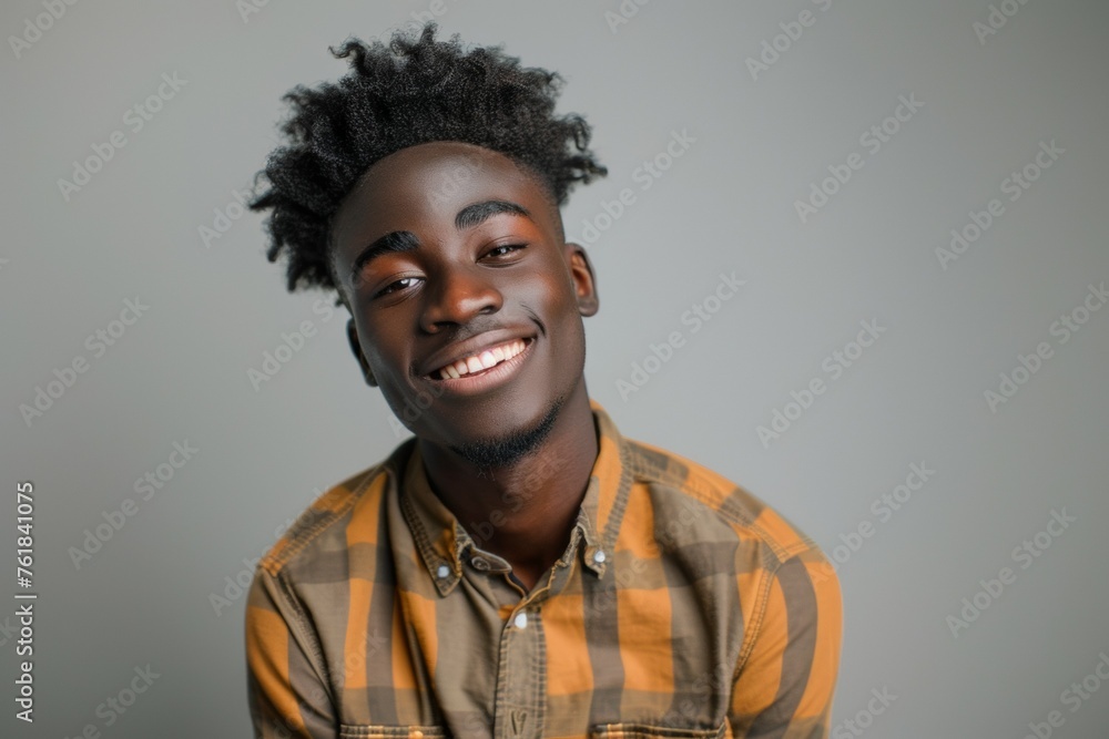 A young man with a beard and dreadlocks is smiling and wearing a plaid shirt A young man with a beard and dreadlocks is smiling and wearing a plaid shirt
