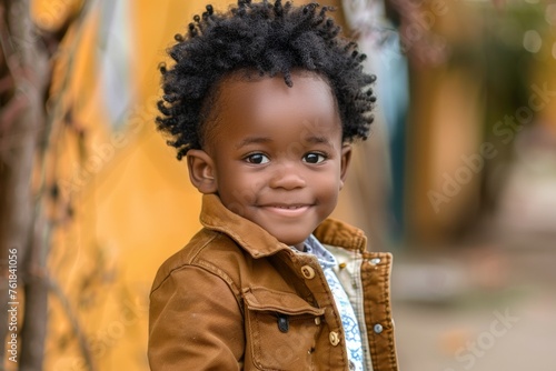 A young boy with curly hair is wearing a brown jacket and smiling