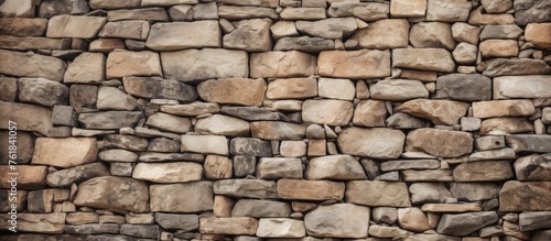 The close up showcases a stone wall featuring a mix of rocks like brick, cobblestone, and composite materials, creating a beige facade with a unique texture