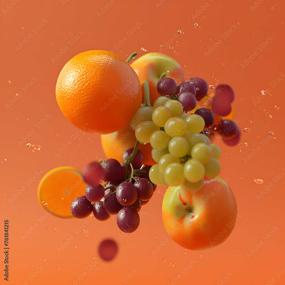 Fruit still life on orange background. Tangerines, lemons, oranges, grapefruits and flowers. ai generated