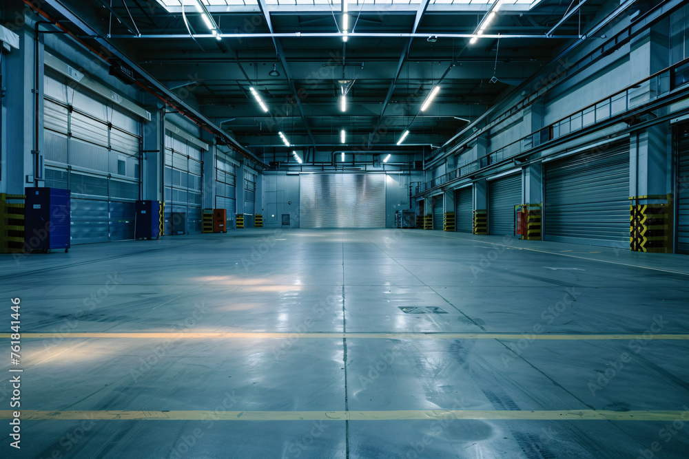 Empty warehouse interior with reflective floor and overhead lights Empty warehouse interior with reflective floor and overhead lights