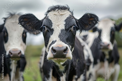 Close up of 3 cows in a field.