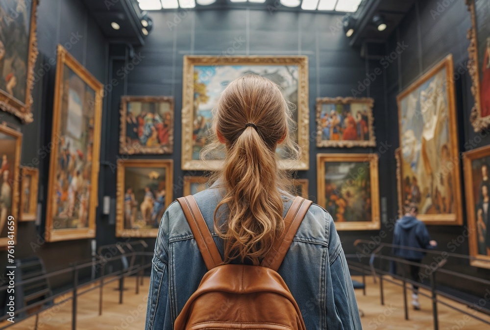 A woman in an art gallery looks at paintings. Background with selective focus and copy space A woman in an art gallery looks at paintings. Background with selective focus and copy space
