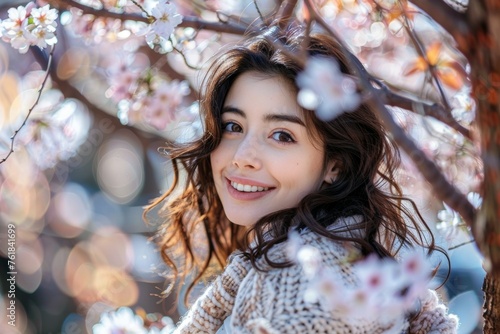 Woman and cherry blossoms. Background with selective focus and copy space