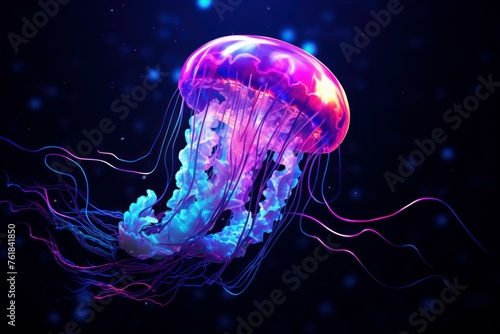 Mesmerizing Neon jellyfish dark water. Summer light. Generate Ai © juliars
