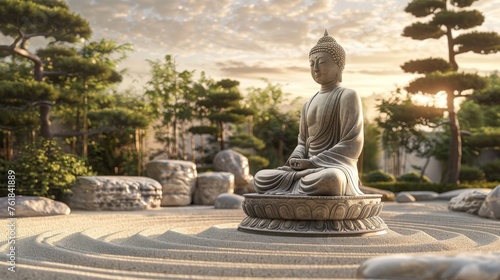 Buddha statue sits in serene Zen garden with sand and bonsai. Buddha statue in Zen garden, symbol of mindfulness, under gentle sunset.