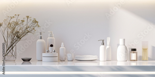 Minimalist Bathroom Shelf Display With Various Beauty Products in White, banner with copy space