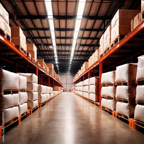 Large modern warehouse with boxes and sacks for storage in industrial logistics © Kheng Guan Toh