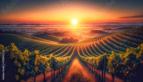 A panoramic view of the sunset casting a soft pink and orange glow over expansive vineyards