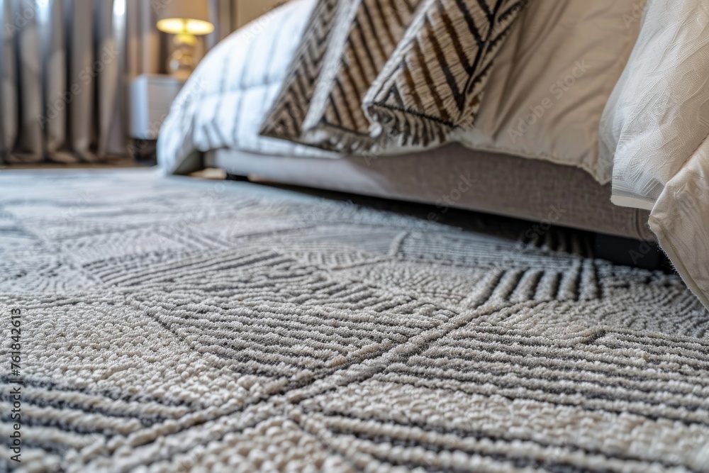 Close up view of contemporary and stunning carpet with graphic pattern in bedroom