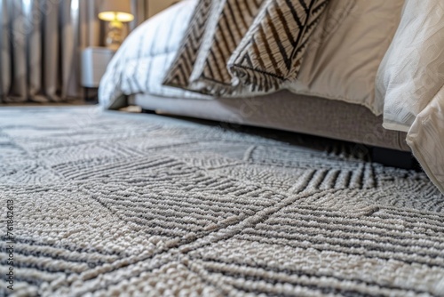 Close up view of contemporary and stunning carpet with graphic pattern in bedroom