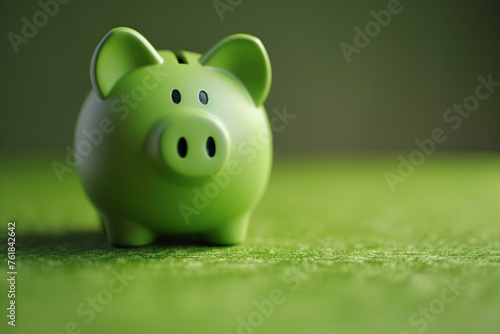 Close up of a green piggy bank on a textured surface