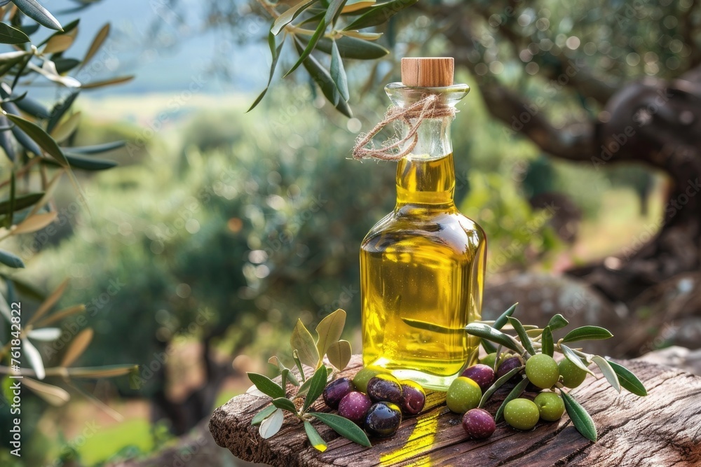 olive oil in a bottle with olives on a table with olive trees on background olive oil in a bottle with olives on a table with olive trees on background