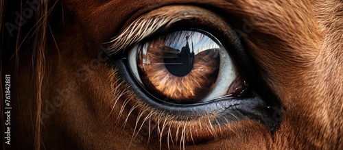 A closeup of a brown horses eye with long eyelashes, showing intricate details like wrinkles and a glossy liver color. The macro photography captures the beauty of this terrestrial working animal