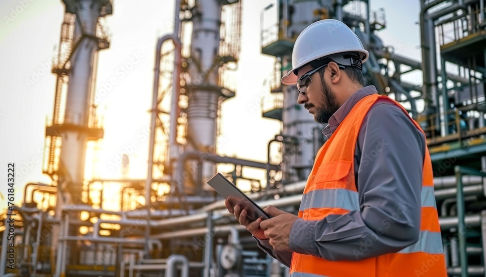 Engineer use tablet with white safety helmet standing front of oil refinery. Industry zone gas petrochemical. Factory oil storage tank and pipeline. Workers in a refinery Engineer use tablet with white safety helmet standing front of oil refinery. Industry zone gas petrochemical. Factory oil storage tank and pipeline. Workers in a refinery