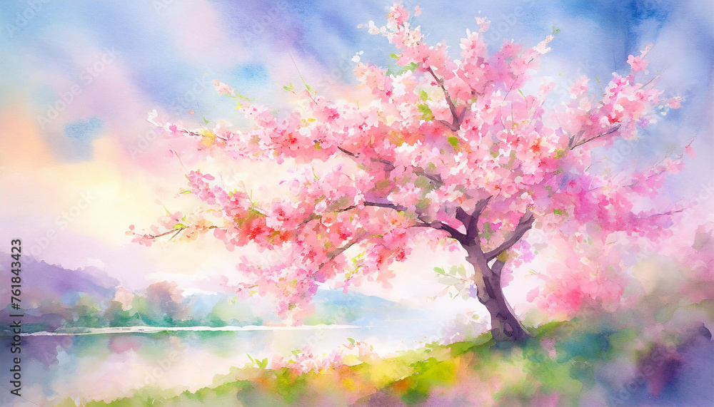 Illustration aquarelle de fleurs de cerisier rose, dans un paysage coloré et romantique - obrazy, fototapety, plakaty 
