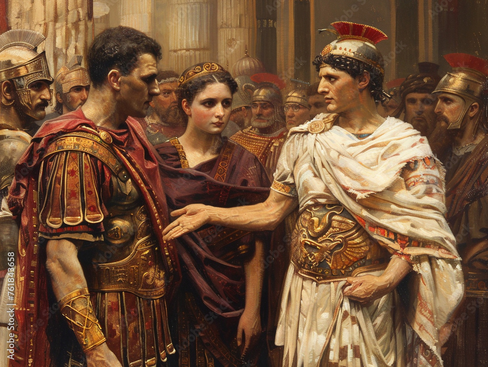 An artistic interpretation of Cleopatra meeting Julius Caesar, with raw and abstract elements.