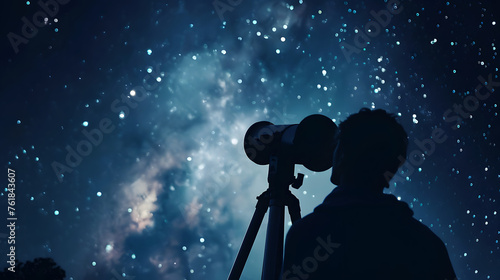 A Stargazer's Quest: Man with Telescope Exploring the Starry Night Sky