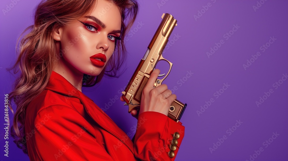 Elegant Woman with a Golden Pistol on a Purple Background