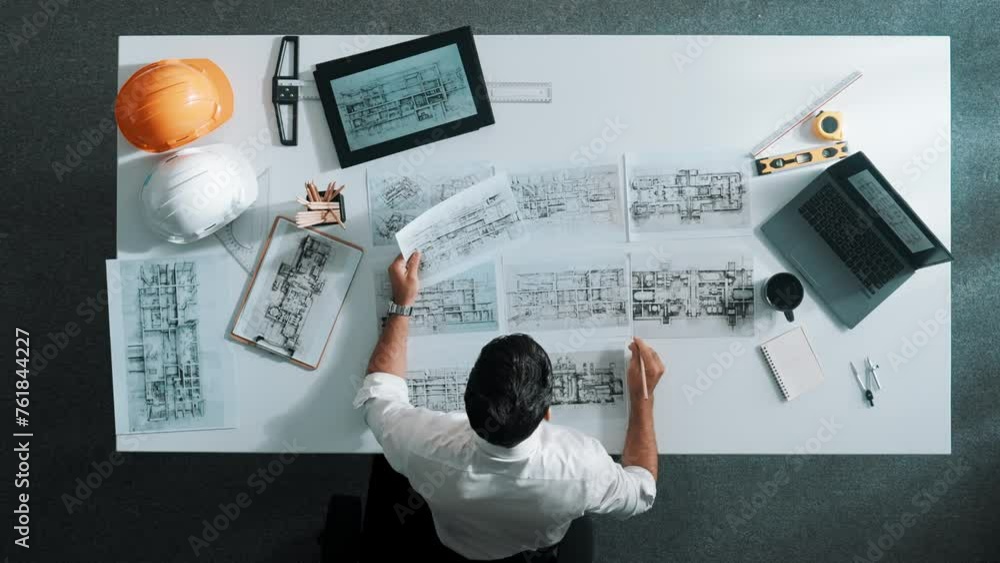 Top down aerial view of architect engineer placing building blueprint ...