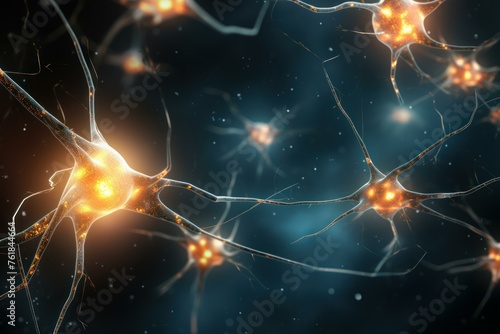Complex Glowing neuron cell links. Medical nerve. Generate Ai