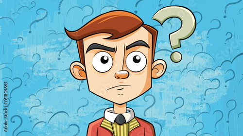 Puzzled Cartoon Man With Question Mark on Blue Background