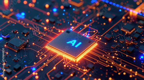 AI processor on circuit board, microchip of artificial intelligence on pcb. Theme of chip, computer technology, cpu, energy, data, light, semiconductor,