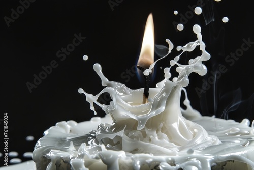 Burning candle with melting wax on dark background